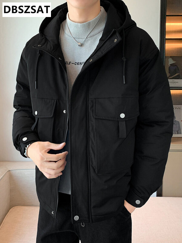 Winter Big Pockets Men's Parka Warm Jacket 2022 New Solid Hooded Windbreaker Zipper Coat Thick Cotton Padded Thermal Parkas