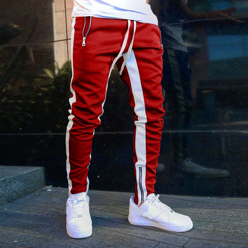 Men Leisure Outdoor Sports Pants Contrasting Colors Striped High Waist Elastic Jogging Pants Spring Fashion Daily Trousers