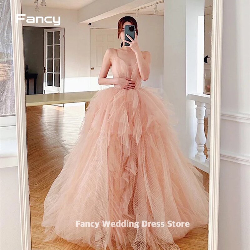 Fancy Fairy Dusty Tulle a-line abito da sposa corea donne servizio fotografico senza spalline abiti da sera con volant a strati