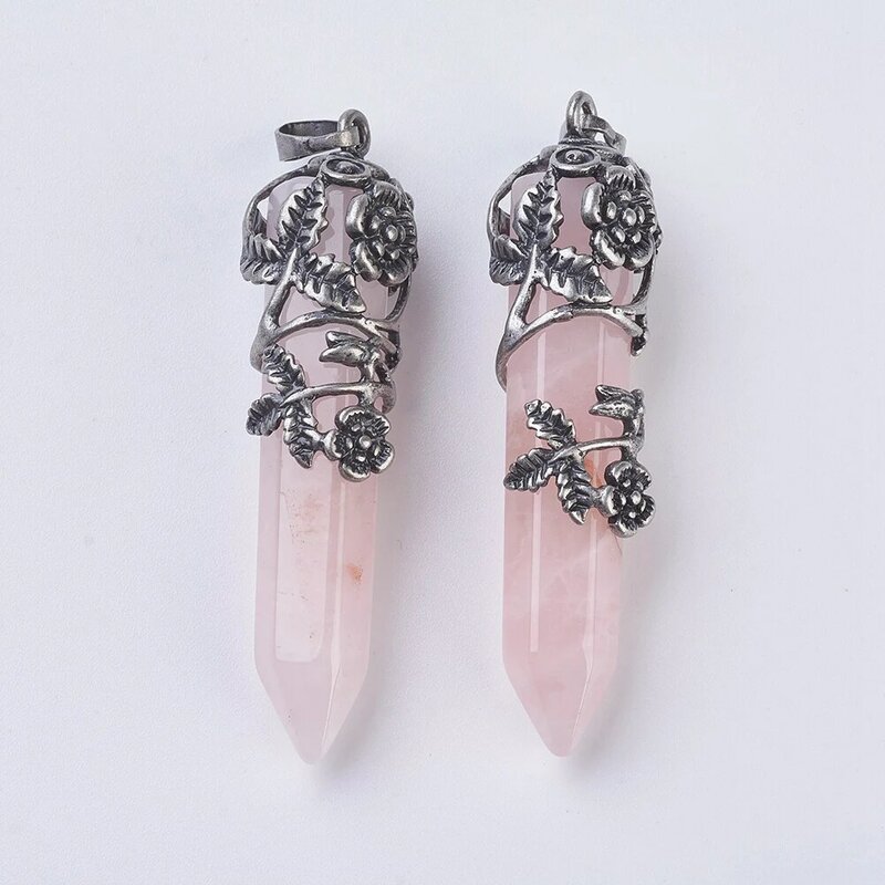 5 pezzi pendenti a proiettile a punta in quarzo rosa ametista naturale con risultati in ottone placcato argento antico per artigianato di gioielli con collana