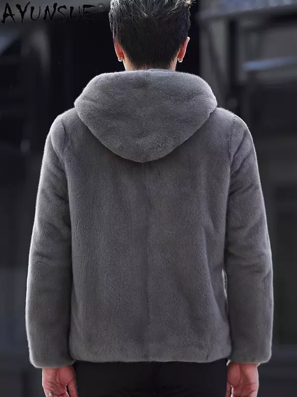 AYUNSUE-Casaco de pele real para homens, jaqueta com capuz, roupa casual, luxo, natural, inverno
