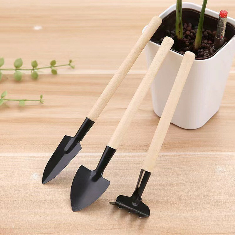Multifuncional Mini Jardinagem Tool Set, Potting Tools, Cabo de madeira, Pá, Ancinho, Casa, Planta, Bonsai, 3 Pcs