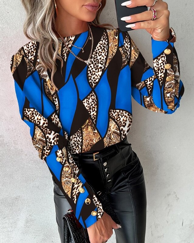 Chemisiers College léopard baroques pour femmes, manches Gigot, dos boutonné, chemises à col rond, haut adt, mode automne, 2023