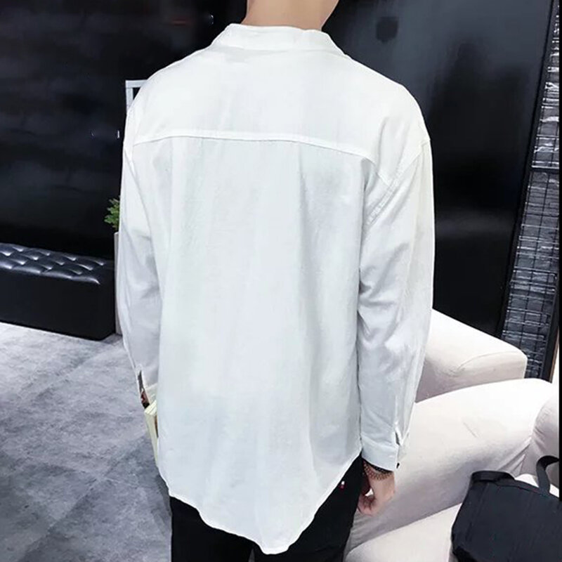 Camiseta de manga larga con botones para hombre, camisa fina de algodón y lino con cuello levantado, ropa informal de negocios