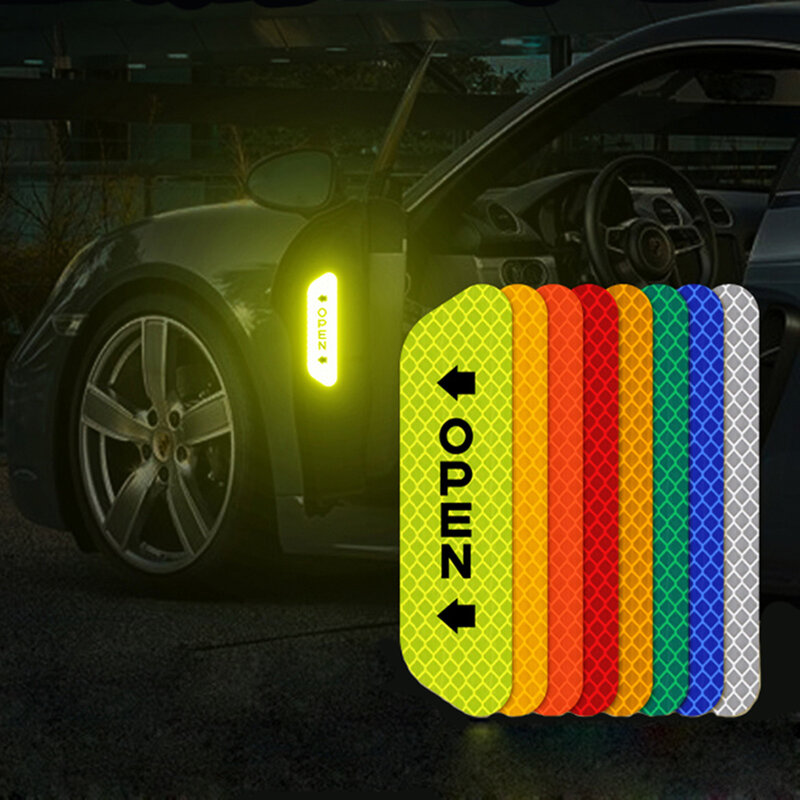 4PCS/Set Car Door Stickers Universal Safety Warning Mark OPEN High Reflective Tape For Auto Accessories Exterior Bike Helmet