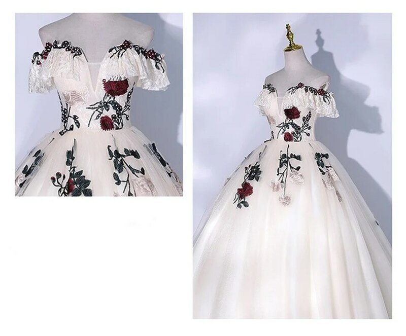 Off Schulter Weiß Blume Ballkleid Prom Kleid Stickerei Appliqued Spitze Pageant Abendkleid Homecoming Robe De Mariée