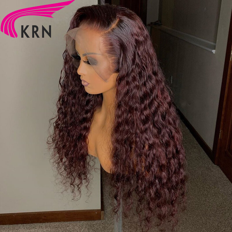 KRN 99j Wig tertutup 4x4 Burgundy untuk wanita Wig renda rambut Brasil Remy 180% keriting Wig warna 99J 13x6 renda depan tanpa lem