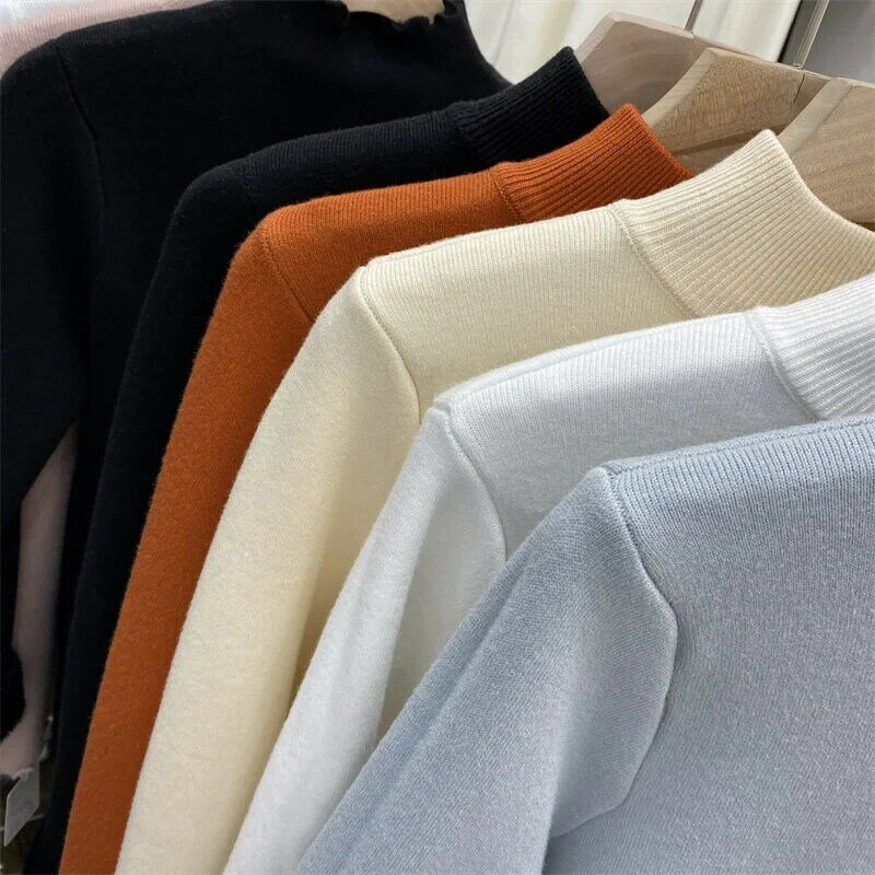 Atasan rajut rajut wanita, Turtleneck Korea ramping tebal pullover rajut wanita musim dingin 2024 Sweater Plus beludru kasual bulu domba berbaris hangat