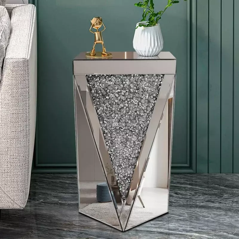 Silver Mirrored End Table, Crystal Inlay Side Table Accent Table, Small Mirrored Coffee Table for Living Room, Bedroom, Corner,