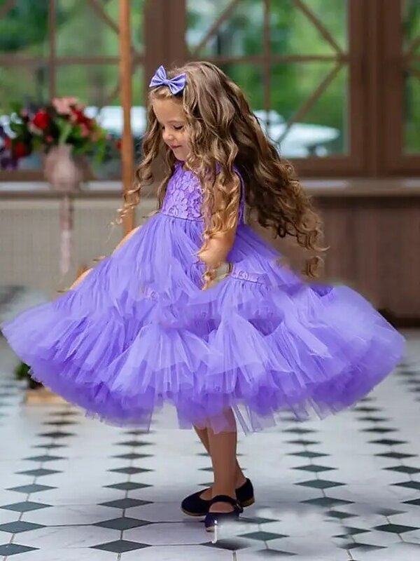 Кружевное Пышное Платье с цветочной аппликацией для девочек, платья принцессы без рукавов для первого причастия, милое платье для дня рождения, детской модели