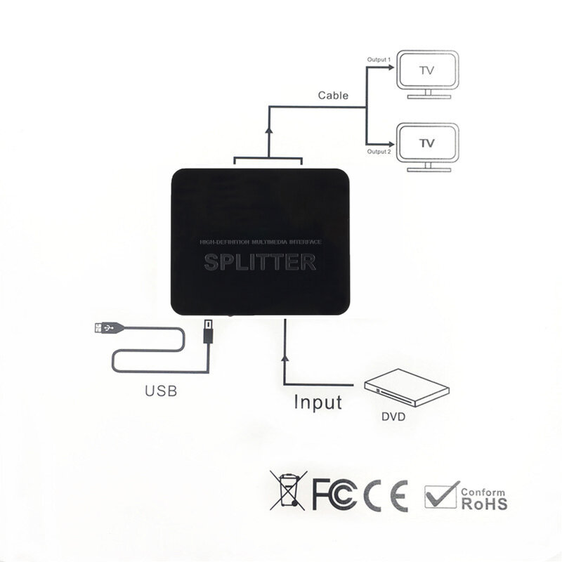 Répartiteur compatible HDMI, 1 entrée, 2 sorties, HD, 4K, 1x2, audio, vidéo, amplificateur de signal d'alimentation, PS3, Xbox, HDTV, DVD