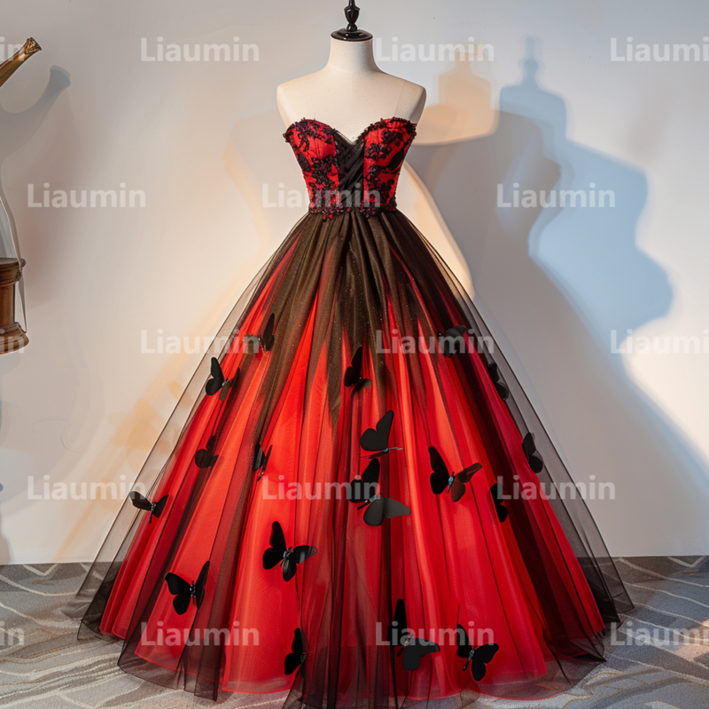 Red And Black Tulle With Butterfly Strapless Evening Prom Dresses Bridal Gowns Floor Length For Formal Occasion Party W15-41