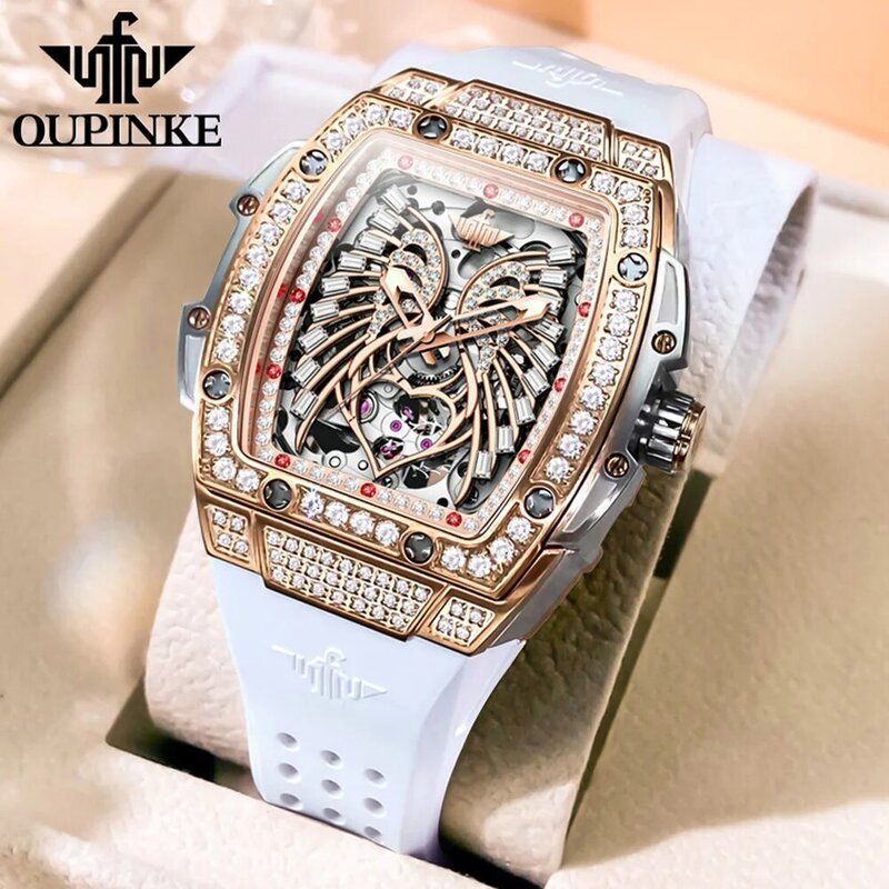 Zegarki damskie OUPINKE luksusowa moda miłosna diamentowa tarcza oryginalny automatyczny zegarek mechaniczny dla pań wodoodporny szafir