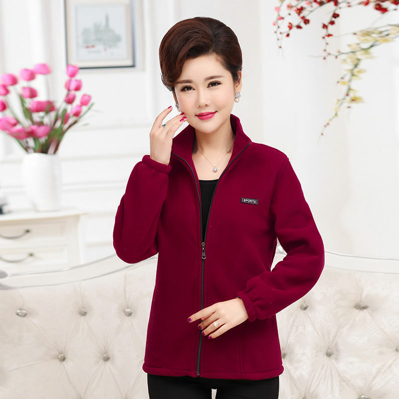 Plus Size Autumn Mid-aged Women Fleece Jackets 5XL Casual Stand Collar Warm Jacket Zipper Outerwear Mother Winter Coat