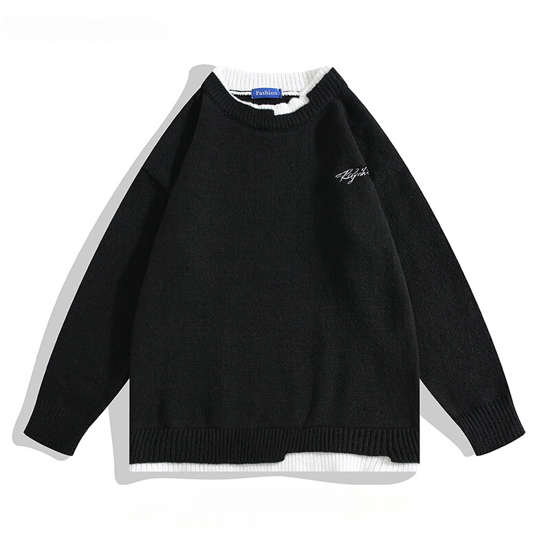 Men's Fake Two-piece Long-sleeved Embroidery Pullovers Sweaters Autumn Winter Lazy Style Simple Loose Casual Bottoming Knitwear