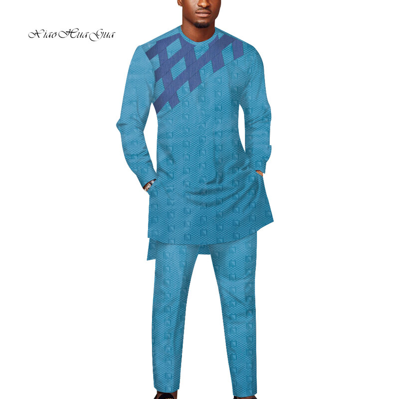 Afrykański moda Top z okrągłym dekoltem i spodni męska strój odzież Dashiki koszula + spodnie męskie zestawy odzież weselna dostosowane WYN1363