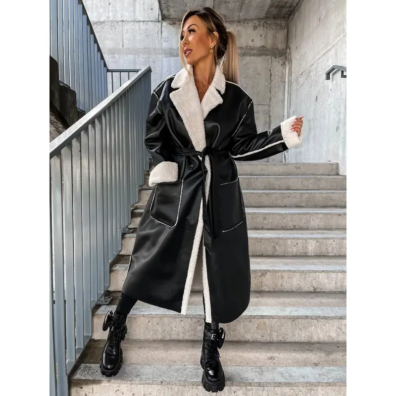 Abrigo de piel sintética con cuello vuelto para mujer, abrigo holgado de manga larga, elegante, con bolsillos, para oficina, 2022