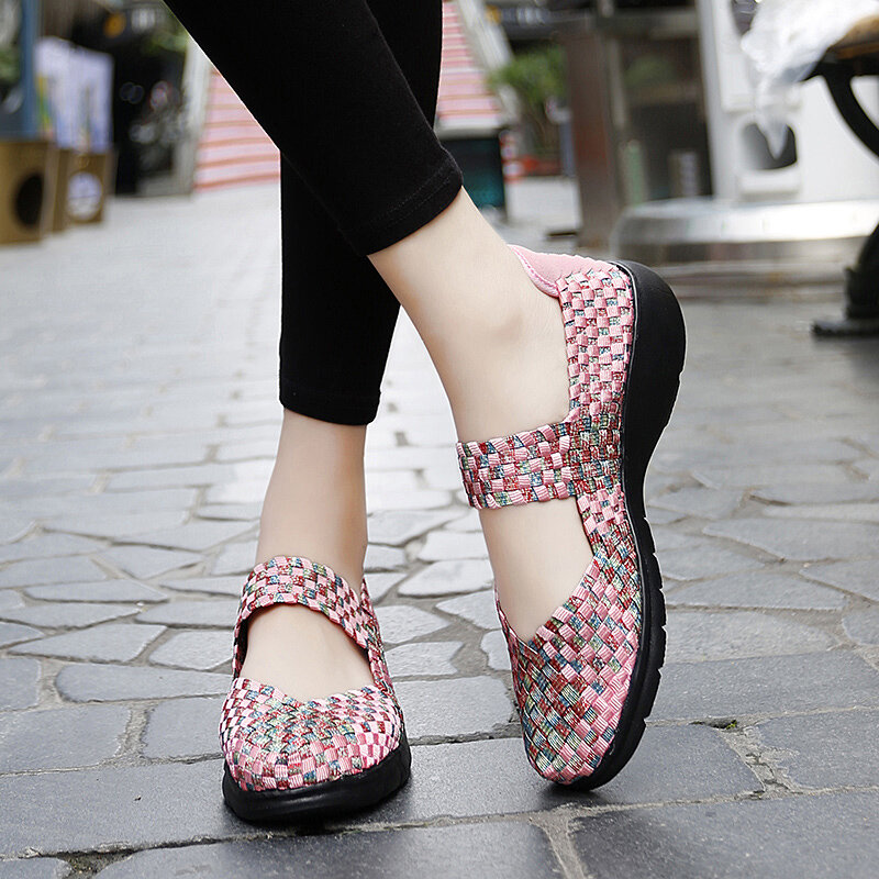 Strongshen รองเท้าสานส้นเตี้ยสำหรับผู้หญิง, ทำมือรองเท้าผ้าใบส้นแบนระบายอากาศน้ำหนักเบารองเท้าลำลอง