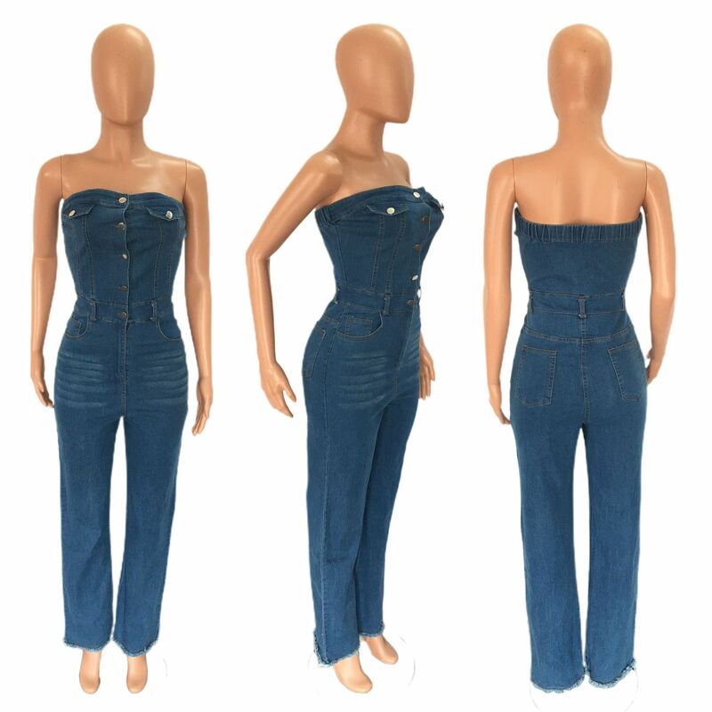 Женский джинсовый комбинезон размера плюс, летний пикантный однобортный комбинезон без бретелек с широкими штанинами, джинсовый цельный комбинезон в уличном стиле, клубный женский комбинезон