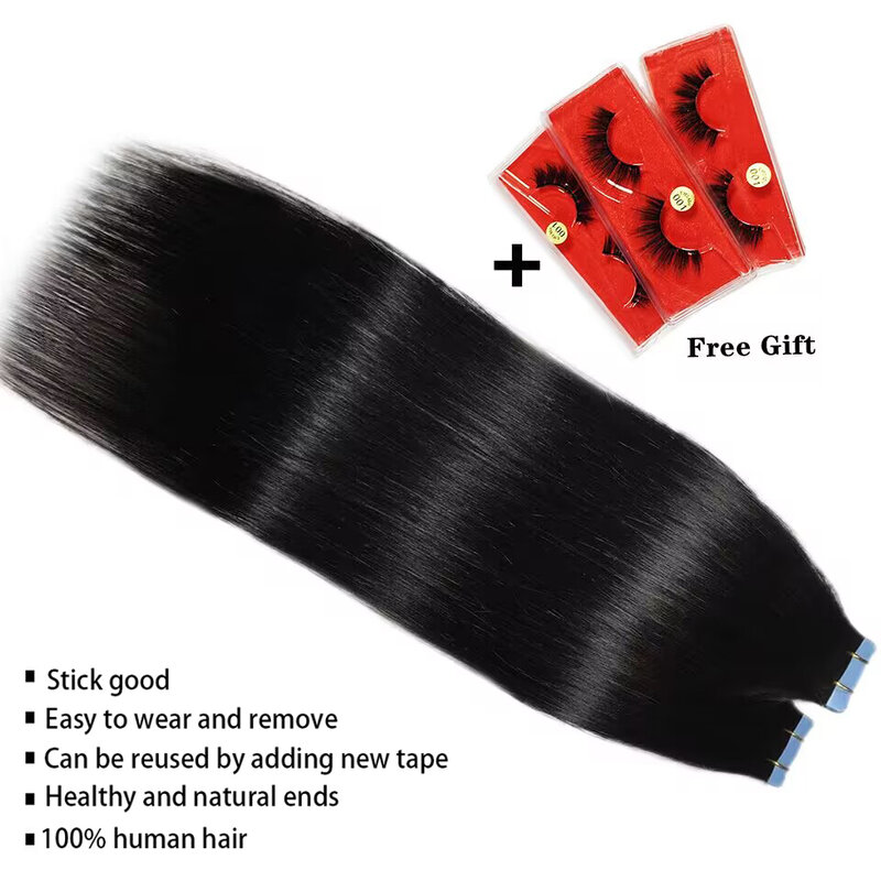 Straight Tape In Human Hair Extensions Natural Hair Extensions 1B 100% Remy Skin Weft  Adhesive Glue On For Salon High Quality