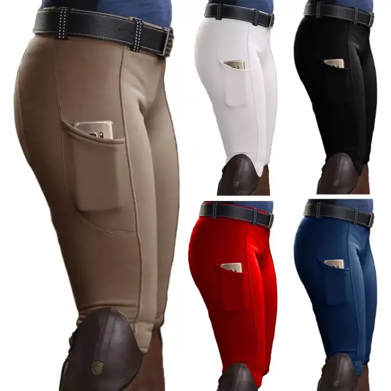 Pantalones elásticos de Color liso para mujer, pantalones ecuestres con bolsillo, levantamiento de cadera, ropa para montar a caballo