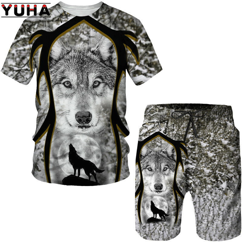 YUHA, 패션 여름 늑대 3D 프린트 남성용 티셔츠 + 반바지 슬리브 탑스, 유니섹스 멋진 동물 스포츠 o넥 운동복 힙합 세트 Su