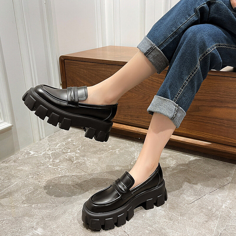 女性の英国スタイルの靴,厚底靴,靴ひもなし,人工皮革,ファッショナブル,2023