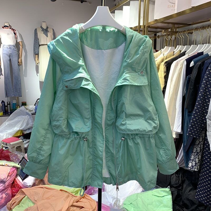 Deeptown Sommer koreanische Mode Wind breaker Jacke Frauen Overs ize Reiß verschluss Kapuze Sonnenschutz jacke japanische 2000s Stil y2k Tops