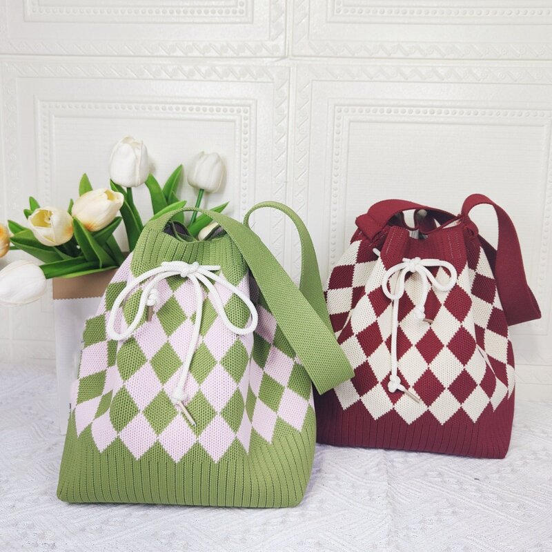 Trendy Knitted Bag 2024 Casual Large Capacity Drawstring Bucket Bag Lunch Box Bag Sexy