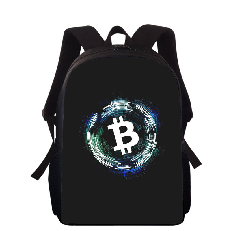 Ransel anak laki-laki dan perempuan, tas punggung anak sekolah dasar motif 3D, mata uang Bitcoin 15"