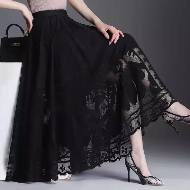 Женская сетчатая юбка с цветочным принтом, кружевная юбка трапециевидной формы с высокой эластичной талией, Осень-зима 2024