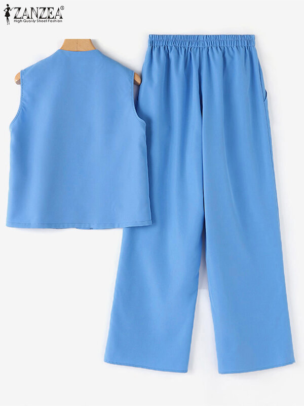 ZANZEA-Tops de colete bordado sem mangas e calças largas para mulheres, trajes vintage, roupas de verão, conjuntos de calças 2pcs, cintura elástica