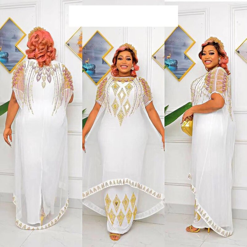 Falsos vestidos africanos de duas peças para mulheres, malha quente perfuratriz caftan vestido, Abaya Robe, roupas femininas, Nigéria tradicional, 2023