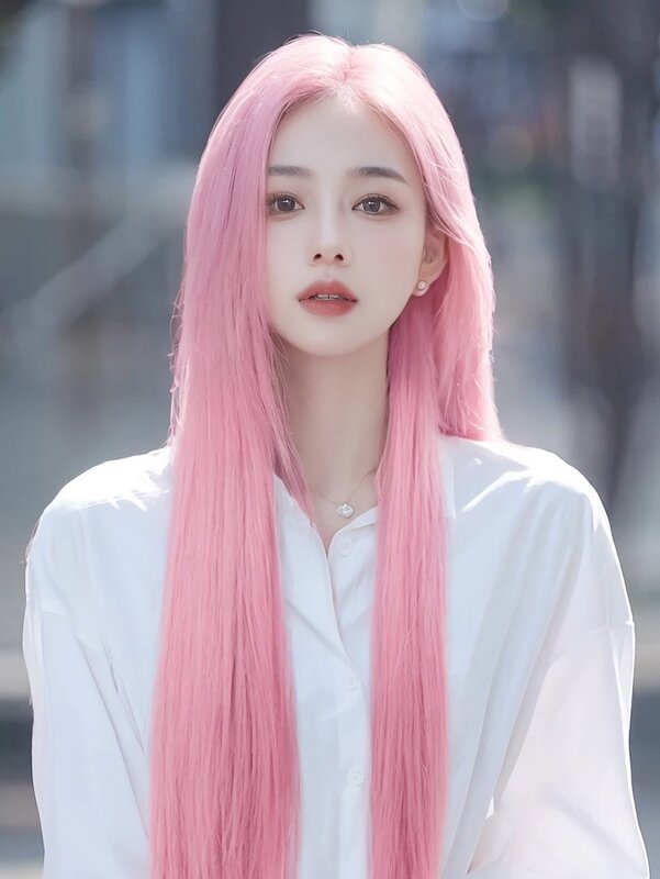 Peluca de cabello Natural liso de longitud media, pelo de celebridades de Internet, mismo estilo, rosa claro, simulación de modelado Lolita, cabeza completa