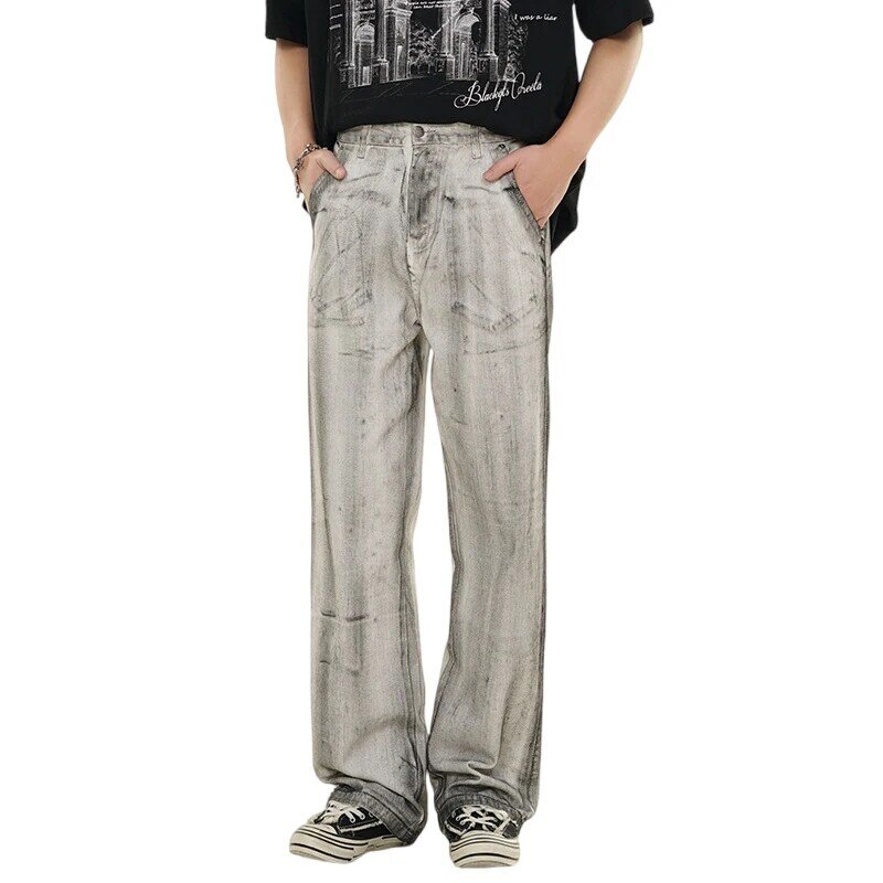 2024 Frühling und Sommer gewaschen Vintage Jeans Herren lose gerade knöchel gebundene amerikanische High Street drapierte Hosen