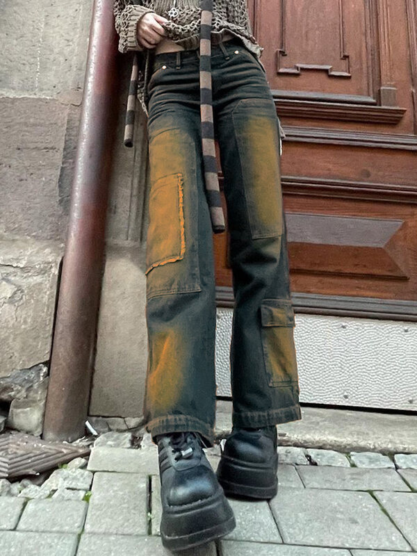 ผู้หญิง MODE Korea กระเป๋า Up กางเกงขากว้างกางเกงยีนส์ Y2k Vintage กางเกงยีนส์ Cargo Grunge Streetwear Low Rise กางเกงกระโปรง