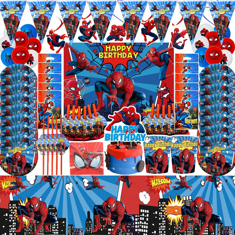 Dekorasi Ulang Tahun Kartun Spider Man Super Hero Peralatan Makan Sekali Pakai Piring Kertas Piala Kesukaan Anak Balon Set Pesta Baby Shower