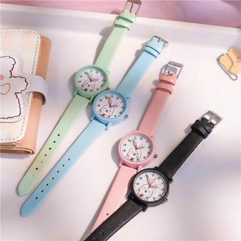 Reloj de cuarzo luminoso de cuero para niños y niñas, reloj de dibujos animados de conejo coreano, reloj deportivo informal, regalo de cumpleaños de jardín de infantes