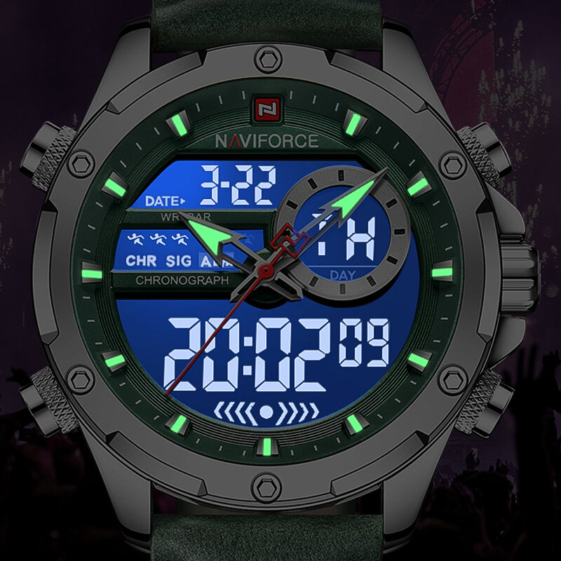 NAVIFORCE-새로운 럭셔리 브랜드 밀리터리 스포츠 남자 손목 시계, 크로노 그래프 쿼츠 방수 시계 가죽 남성 시계