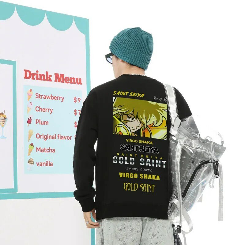 Gold Saint Anime Hoodie bermerek bersama pria Crewneck Muzaga cetak mantel longgar pakaian remaja musim gugur