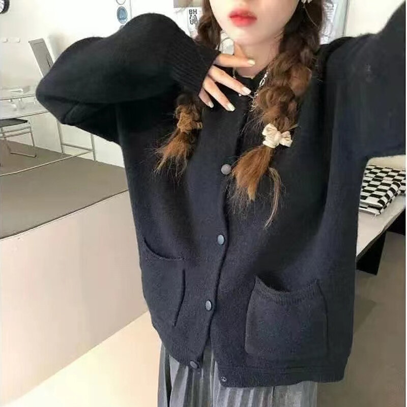 เสื้อโค้ทคาร์ดิแกนแขนยาวสำหรับผู้หญิง, เสื้อโค้ทคาร์ดิแกน MODE Korea ฤดูใบไม้ร่วงปี2023เสื้อสเวตเตอร์แขนยาวทรงหลวมฤดูหนาว29166ใหม่