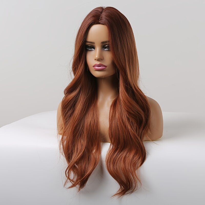 Reddish Brown Long Curly Wavy Wig Synthetic Wig Beginners Friendly Heat Resistant Elegant Natural Looking For Daily Use