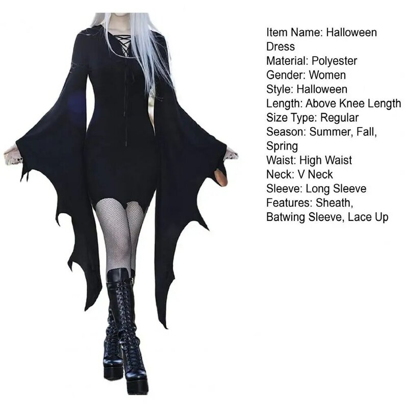 Vestido de Halloween Hem queimado com mangas Batwing, estilo escuro, punho irregular, detalhe com cordões, ajuste fino, cosplay para festa