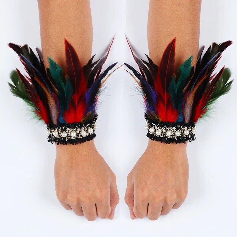 Natural Rooster Feather Cuffs Women Detachable Wrist Cuffs Arm Warmer Gothic Rave Party Props Stage Cosplay manchette en plumes