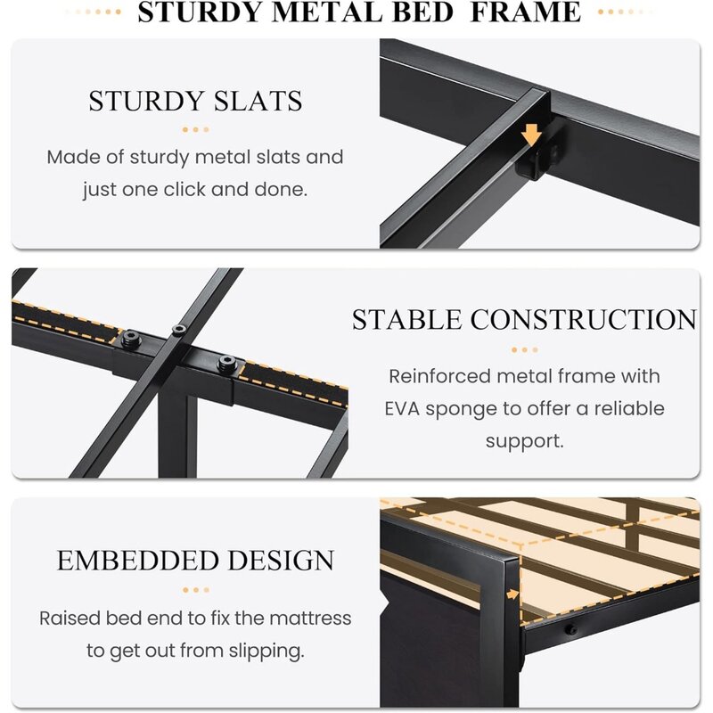 Bed Frame with Modern Wooden Headboard/Heavy Duty Platform Metal Bed Frame with Square Frame Footboard