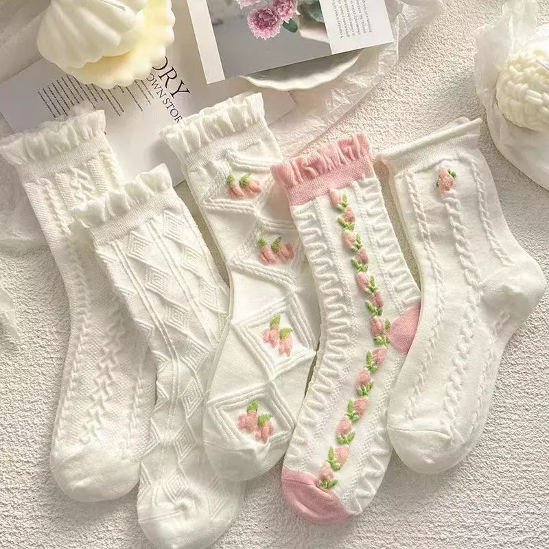 1Pair Harajuku JK Girl Lolita White Socks Cherry Blossom Floral Print Sock Breathable Casual Cotton Daily Women Middle Tube Sock