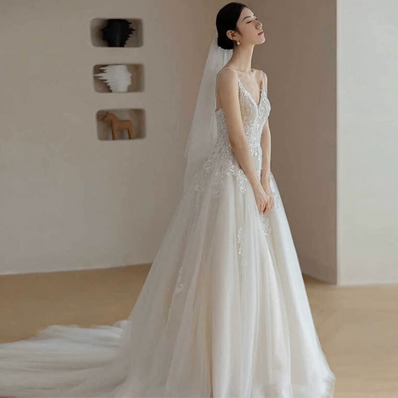 2024 koronkowe suknie ślubne damskie tiulowe aplikacje Boho suknie ślubne paski Spaghetti dekolt w szpic Vestidos De Novia Casamento Civil