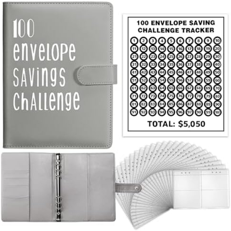 Carpeta de desafío de sobre 100, carpeta de presupuesto de ahorro de dinero A5, ahorra 5.050 con el desafío de ahorro de dinero gris