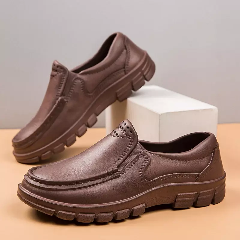 Sapatos de chef antiderrapantes masculinos, sapatos de couro casual, tamanho grande, para trabalho e direção, quatro estações