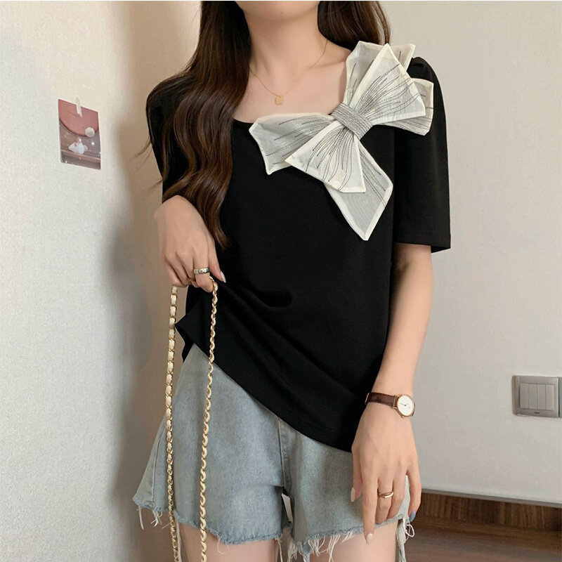 2024 New Summer Office Lady Aesthetic Elegant Fashion T-shirts for Women BOW Decorations Simplicity O Neck Short Sleeve Y2K Tops